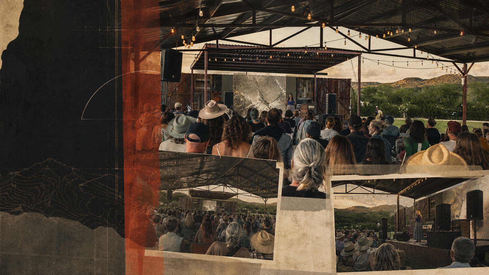 An artistic collage of the Confluence gathering, stage, and surrounding hills